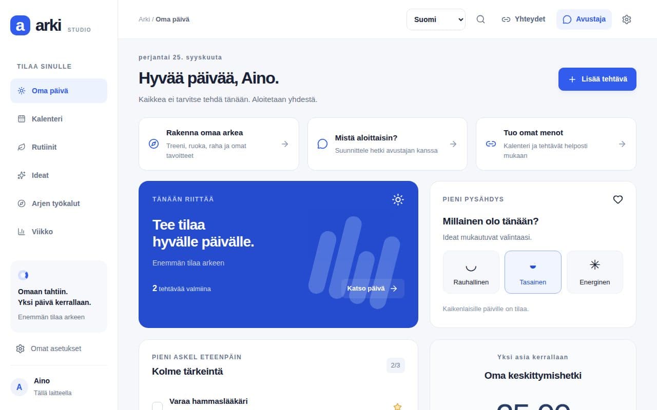 Oma päivä -näkymä: päivän tehtävät, menot ja keskittymisajastin