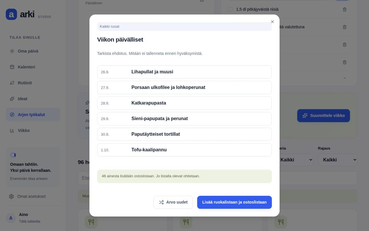 Viikon ruokalista -ehdotus seitsemällä päivällisellä